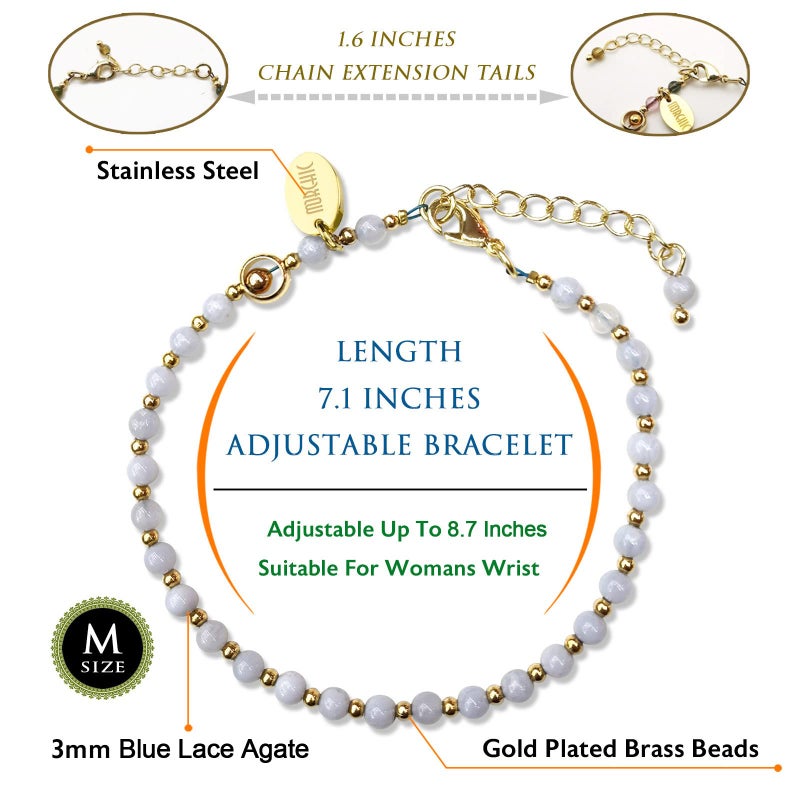 Morchic 3mm Blue Lace Agate Tiny Beads Bracelet for Women, Adjustable 7.1" Dainty Handmade Energy Gem Jewelry, Birthday Gift - Image 2